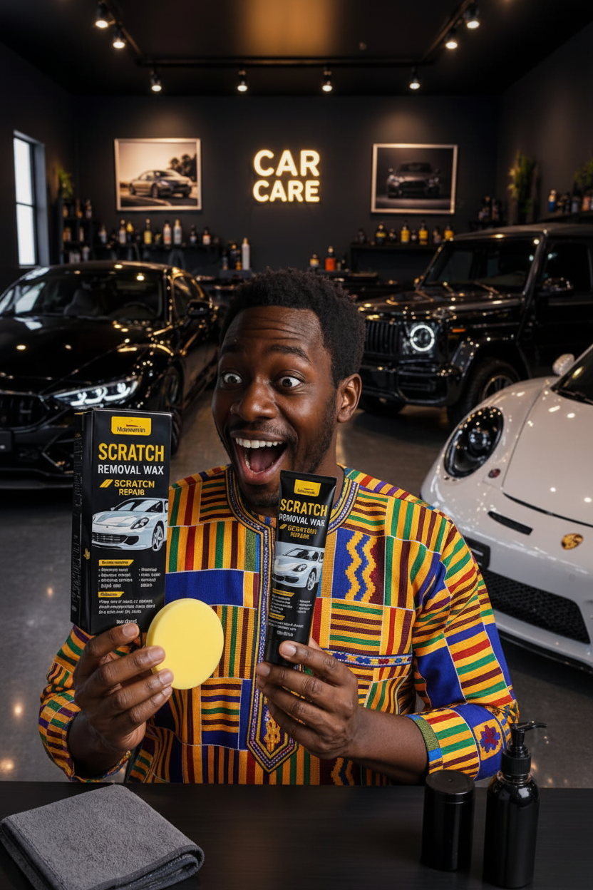 African man in Togolese traditional clothing holding scratch removal product